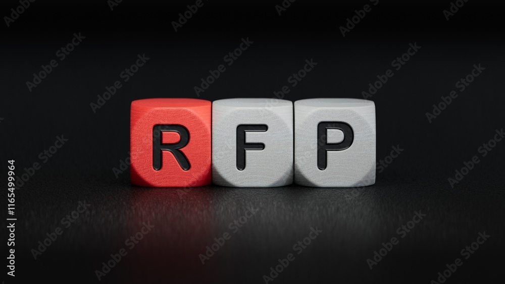 Lettering rfp on wooden cubes.close up of wooden elements,Business Concept.3D rendering on black background. Lettering rfp on wooden cubes.close up of wooden elements,Business Concept.3D rendering on black background.