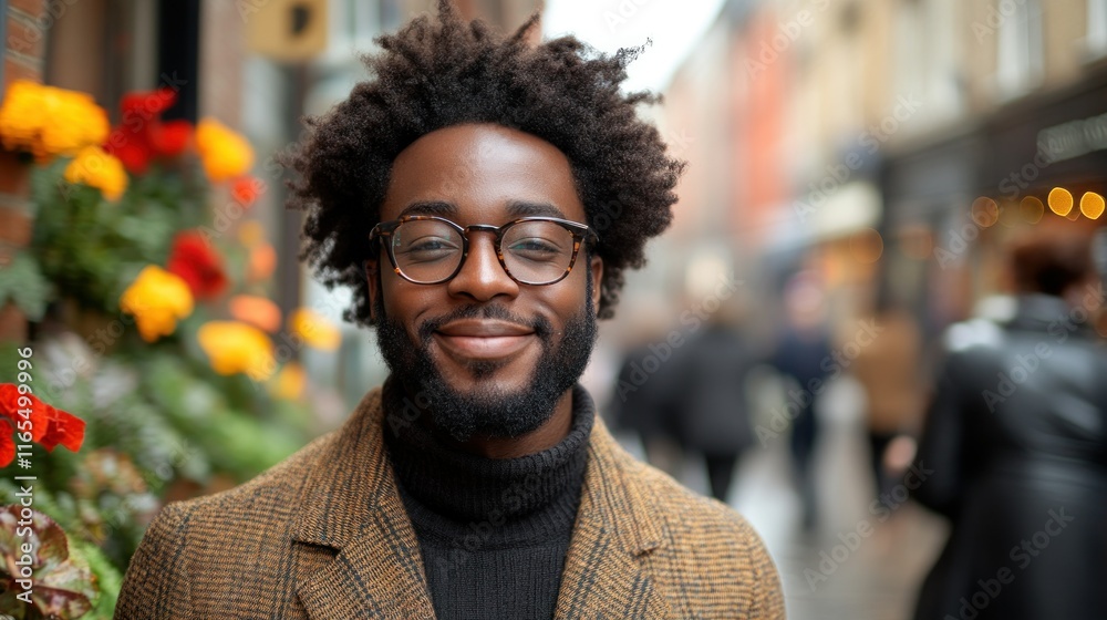 Fototapeta premium Smiling man in a stylish outfit on a busy street.