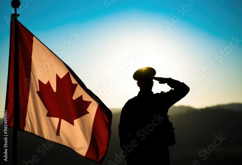 A silhouette of a soldier saluting, with the Canadian flag prominently displayed in the foreground photo