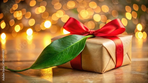 A Rustic Gift Box Adorned with a Red Ribbon and a Lush Green Leaf, Captured Against a Warm Background of Golden Bokeh Lights