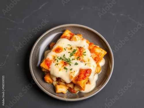 Pumpkin lasagna with b?chamel and cheese on white plate, slate background, b?chamel, savory, slate photo