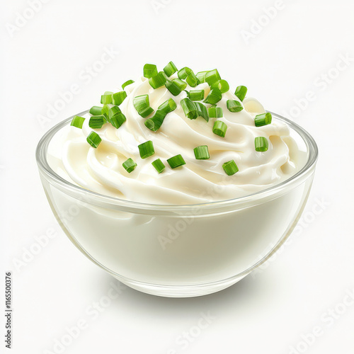 Creamy white dip in glass bowl topped with finely chopped green onions, perfect for appetizers and party snacks, isolated on a light background