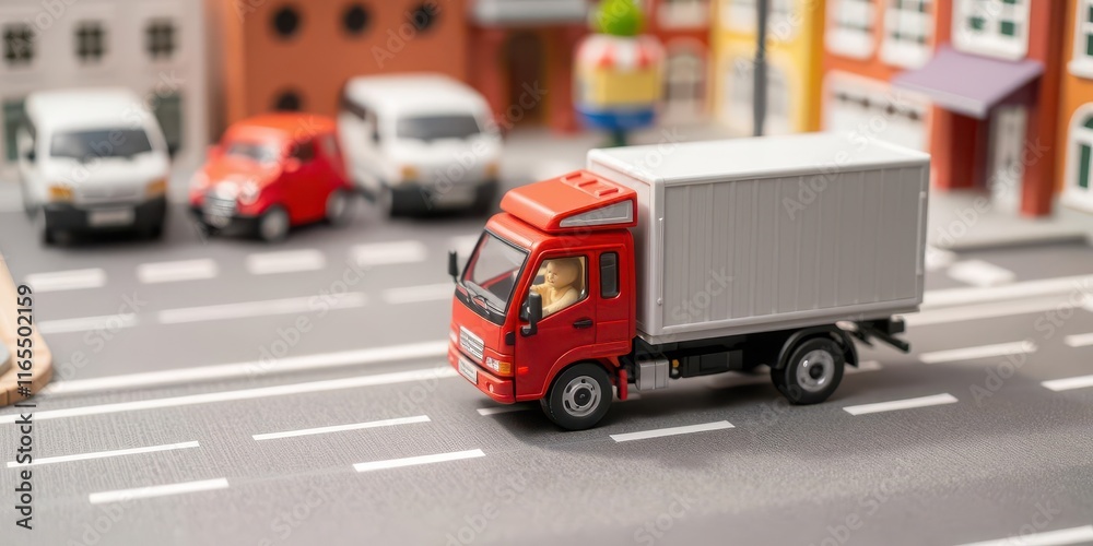 Obraz premium Red toy truck delivering packages in a colorful miniature town, model, small, miniature