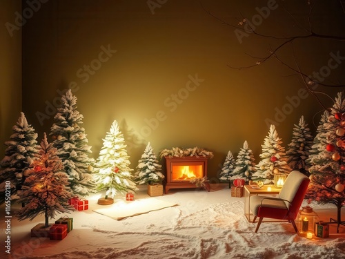 Mid century modern Christmas landscape with vintage vibes, warm colors, snow-covered trees, and festive decorations, nostalgia, winter, decor photo