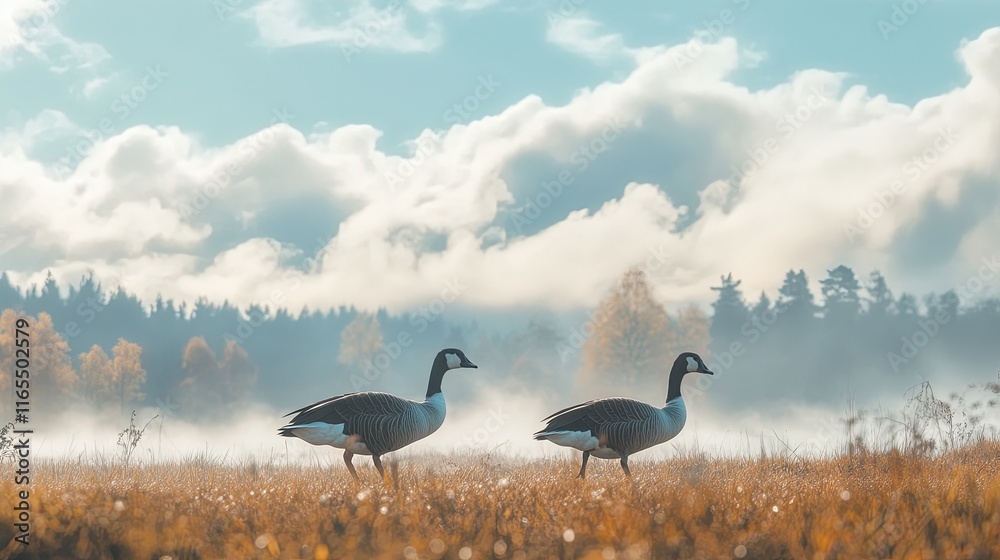 Obraz premium A pair of geese waddling across a meadow, with fluffy clouds and distant trees in the background