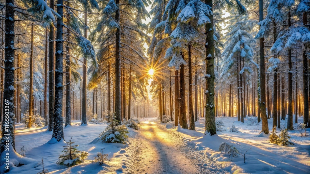Golden rays of sunlight pierce through the snow-laden branches of a wintry forest, illuminating a path that winds through the trees. Golden rays of sunlight pierce through the snow-laden branches of a wintry forest, illuminating a path that winds through the trees.