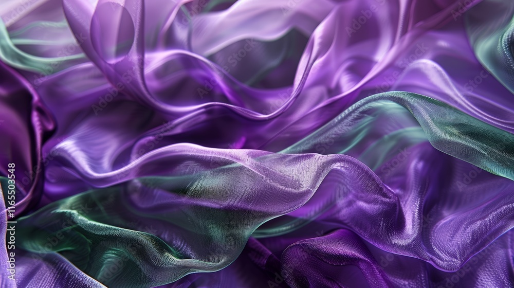 Fototapeta premium Purple and green organza fabric creating a beautiful abstract wallpaper with its elegant waves