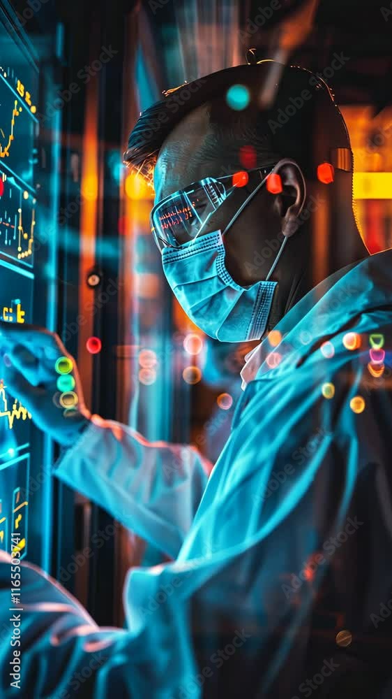 laboratory scientist in protective glasses and mask reviewing research data