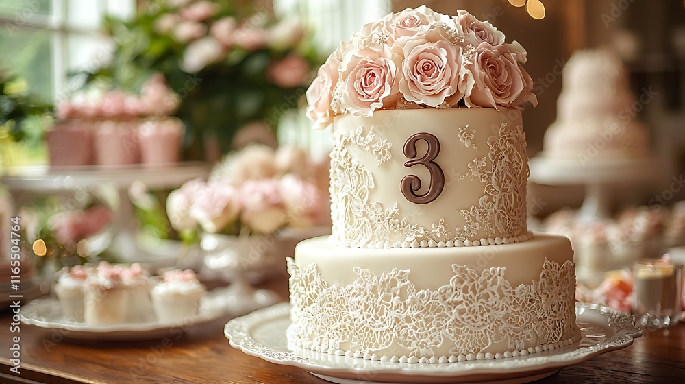 Fototapeta premium Two-tiered wedding cake decorated with roses and lace, number 3 on top.