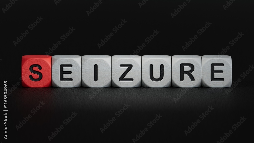 SEIZURE word on notebook, stethoscope and green plant.close up of wooden elements,Business Concept.3D rendering on black background. SEIZURE word on notebook, stethoscope and green plant.close up of wooden elements,Business Concept.3D rendering on black background.