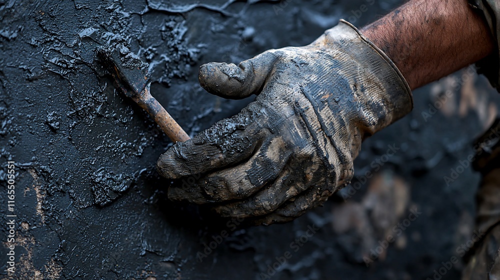 Close-up of a gloved hand applying dark gray sealant to a textured surface with a small tool. Close-up of a gloved hand applying dark gray sealant to a textured surface with a small tool.