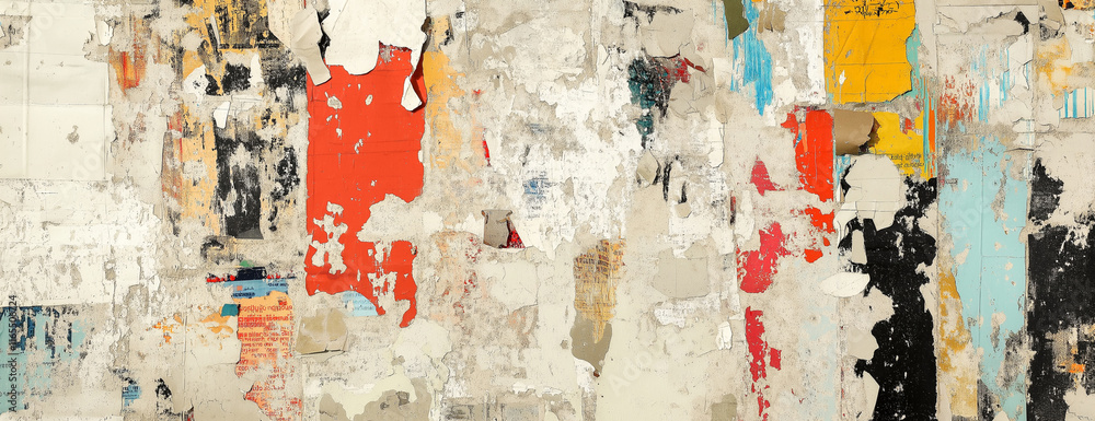 Obraz premium A wall covered in torn and faded posters, each with different colors and shapes, creating an abstract pattern of urban street art.