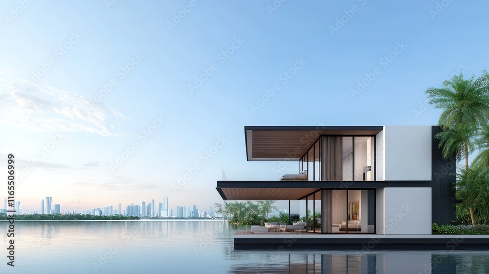 Modern waterfront house with sleek design and city skyline backdrop. Modern waterfront house with sleek design and city skyline backdrop.