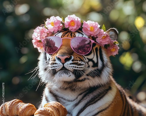 Regal tiger in pink sunglasses and floral crown, set against natural greenery with playful food elements.
 photo