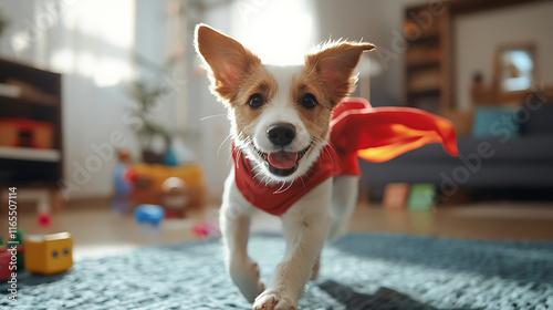 Playful puppy embracing loyalty in a cozy living room capturing joy and adventure photo