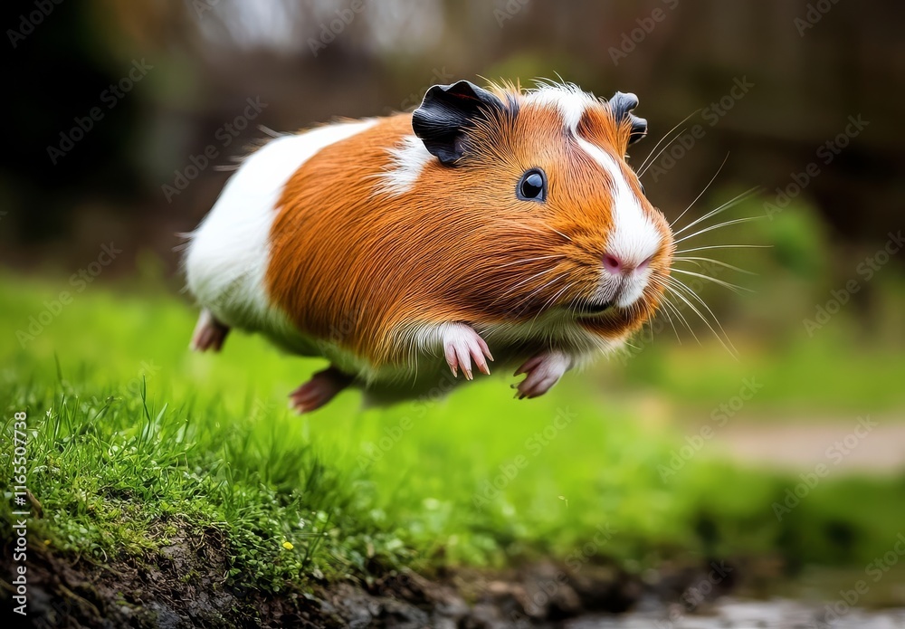 A lively guinea pig leaps into the air with joy. A lively guinea pig leaps into the air with joy.