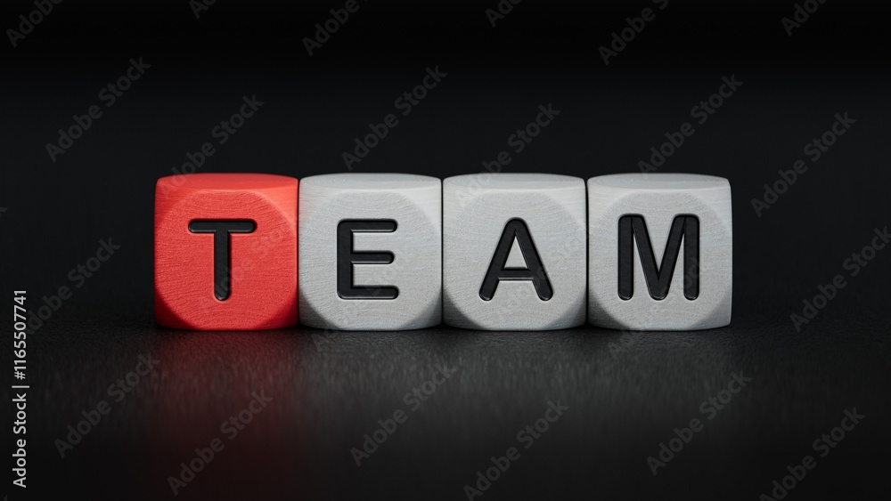 Obraz premium The hand puts a wooden cube with the letter T from the word Team. The word is written on wooden cubes.close up of wooden elements.3D rendering on black background.