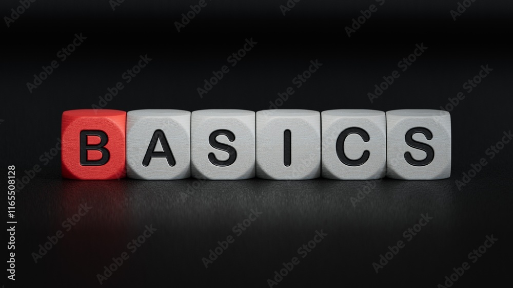 sign with the text BASICS. The content of the lettering has implications for and marketing.Business Concept.3D rendering on black background. sign with the text BASICS. The content of the lettering has implications for and marketing.Business Concept.3D rendering on black background.
