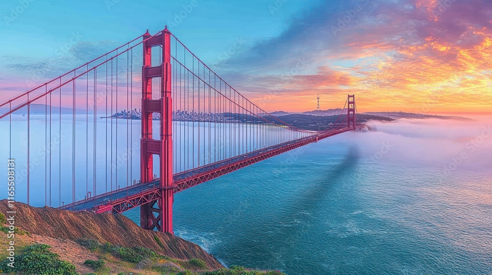 Fototapeta premium Golden Gate Bridge at Sunrise over Foggy Bay.