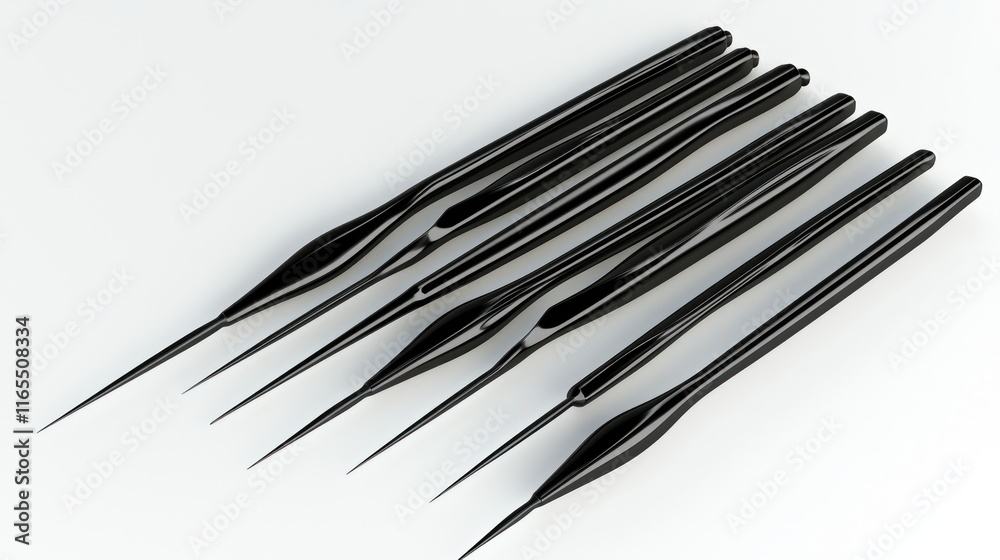 Set of black precision tools with pointed tips for detailed work. Set of black precision tools with pointed tips for detailed work.