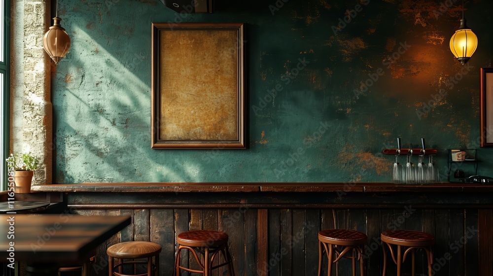 A blank picture frame hanging on the old textured wooden wall in a cosy old english or irish pub