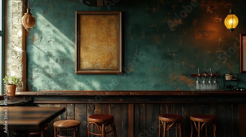 Obraz na płótnie A blank picture frame hanging on the old textured wooden wall in a cosy old english or irish pub w salonie