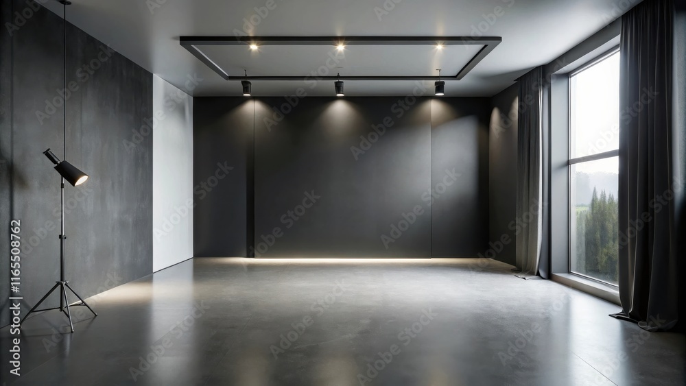 Fototapeta premium Minimalist studio space with a large black wall, concrete floor, and natural light streaming in through a window with curtains