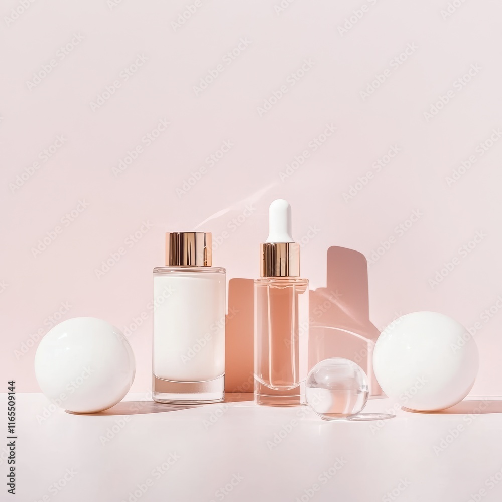 Two glass skincare bottles with golden lids sit beside round white decorative objects against a soft pink background, creating a serene and modern aesthetic