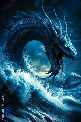 A majestic serpent of the sea rising dramatically.