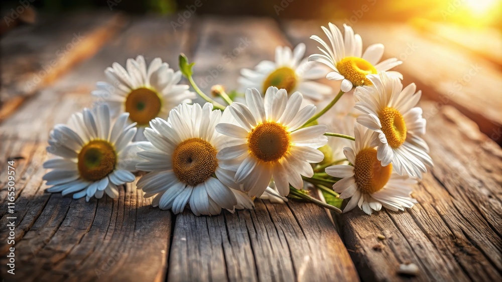 Fototapeta premium Delicate white daisies bloom on a weathered wooden surface, bathed in the golden glow of the setting sun.