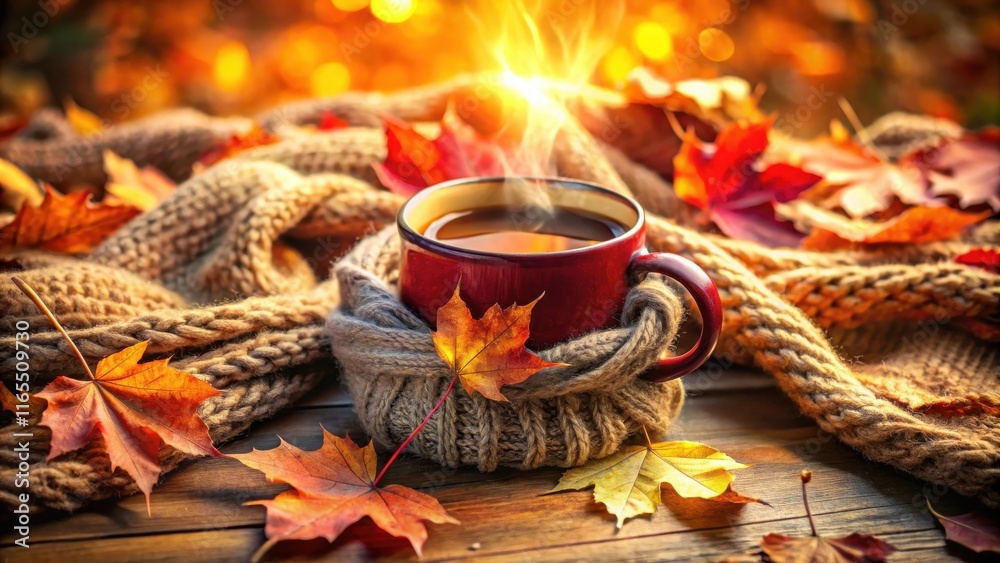 A steaming cup of coffee wrapped in a cozy knitted scarf surrounded by fallen autumn leaves, capturing the essence of the season. A steaming cup of coffee wrapped in a cozy knitted scarf surrounded by fallen autumn leaves, capturing the essence of the season.