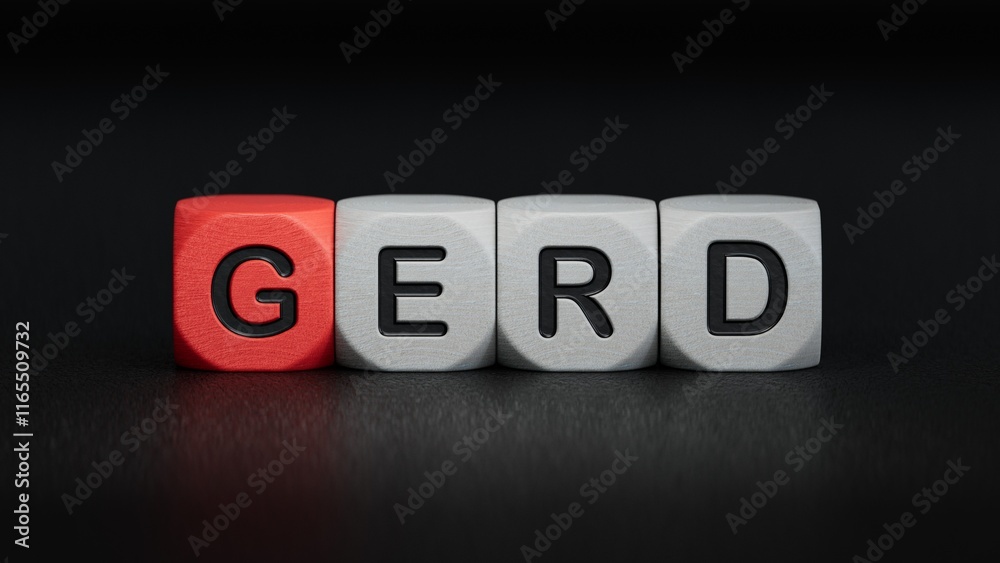 The word GERD is written on wooden cubes. Medical concept.close up of wooden elements,Business Concept.3D rendering on black background. The word GERD is written on wooden cubes. Medical concept.close up of wooden elements,Business Concept.3D rendering on black background.