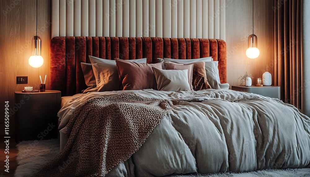 Fototapeta premium Plush bedroom setup with a velvet headboard soft throws and modern bedside lighting