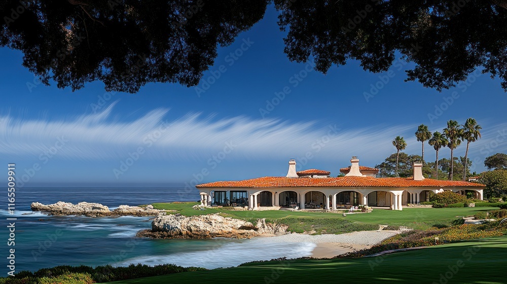 Obraz premium Coastal view of a luxurious beach house with palm trees.