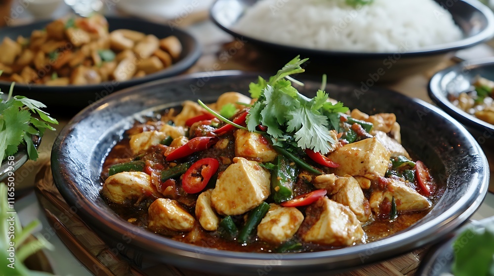 A close-up of fragrant curry dishes, including chicken, beef, and tofu curry, served with jasmine rice and garnished with fresh herbs at a cultural celebration A close-up of fragrant curry dishes, including chicken, beef, and tofu curry, served with jasmine rice and garnished with fresh herbs at a cultural celebration