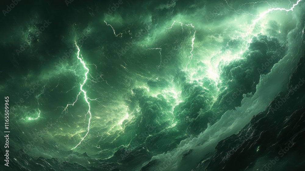 Green lightning storm cloudscape.