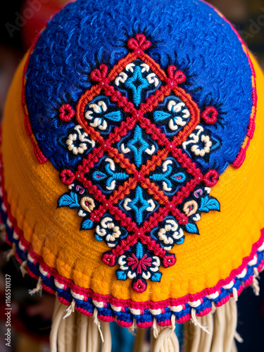 Kyrgyz felt hat kalpak craftsmanship: intricate cultural embroidery close-up for textile art photo