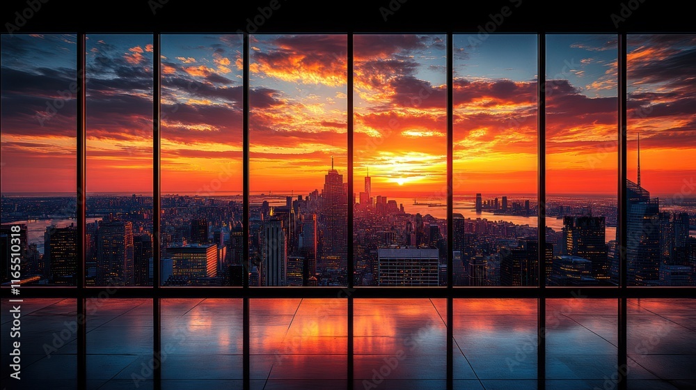 Fototapeta premium Stunning sunset cityscape view from panoramic windows.