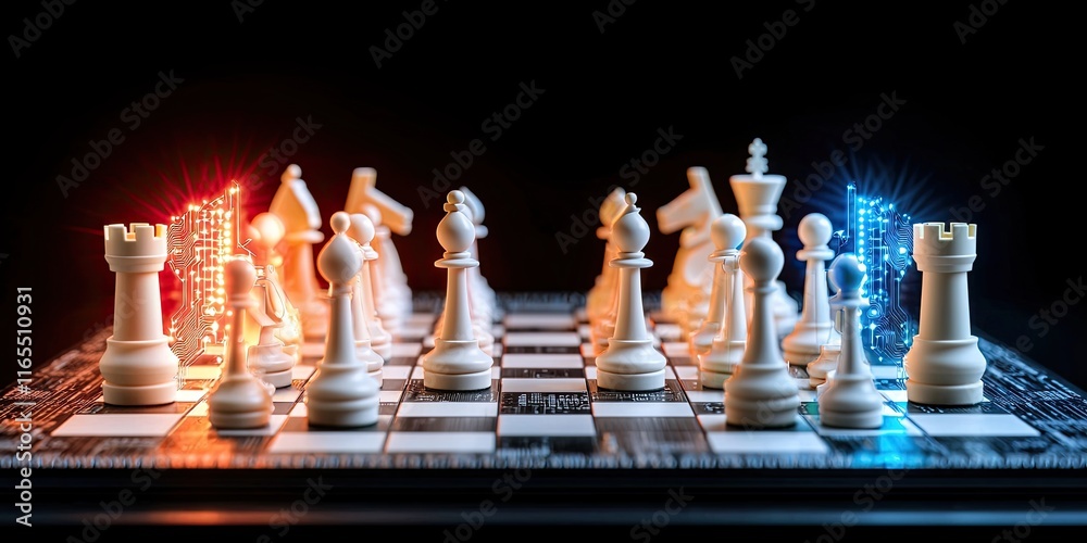 A high-contrast chessboard scene with illuminated pieces in vibrant colors, showcasing a strategic game between two players. A high-contrast chessboard scene with illuminated pieces in vibrant colors, showcasing a strategic game between two players.