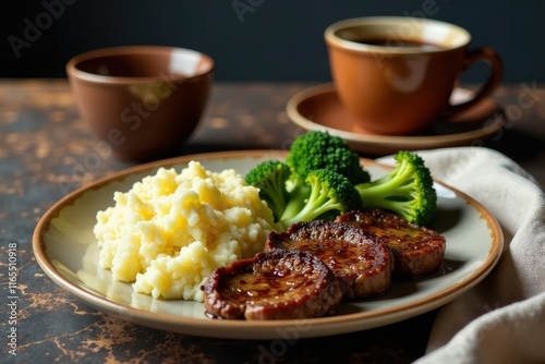 A savory meal of tender meat medallions, creamy mashed potatoes, and vibrant broccoli florets, accompanied by a steaming cup of coffee, presented on an elegant plate.