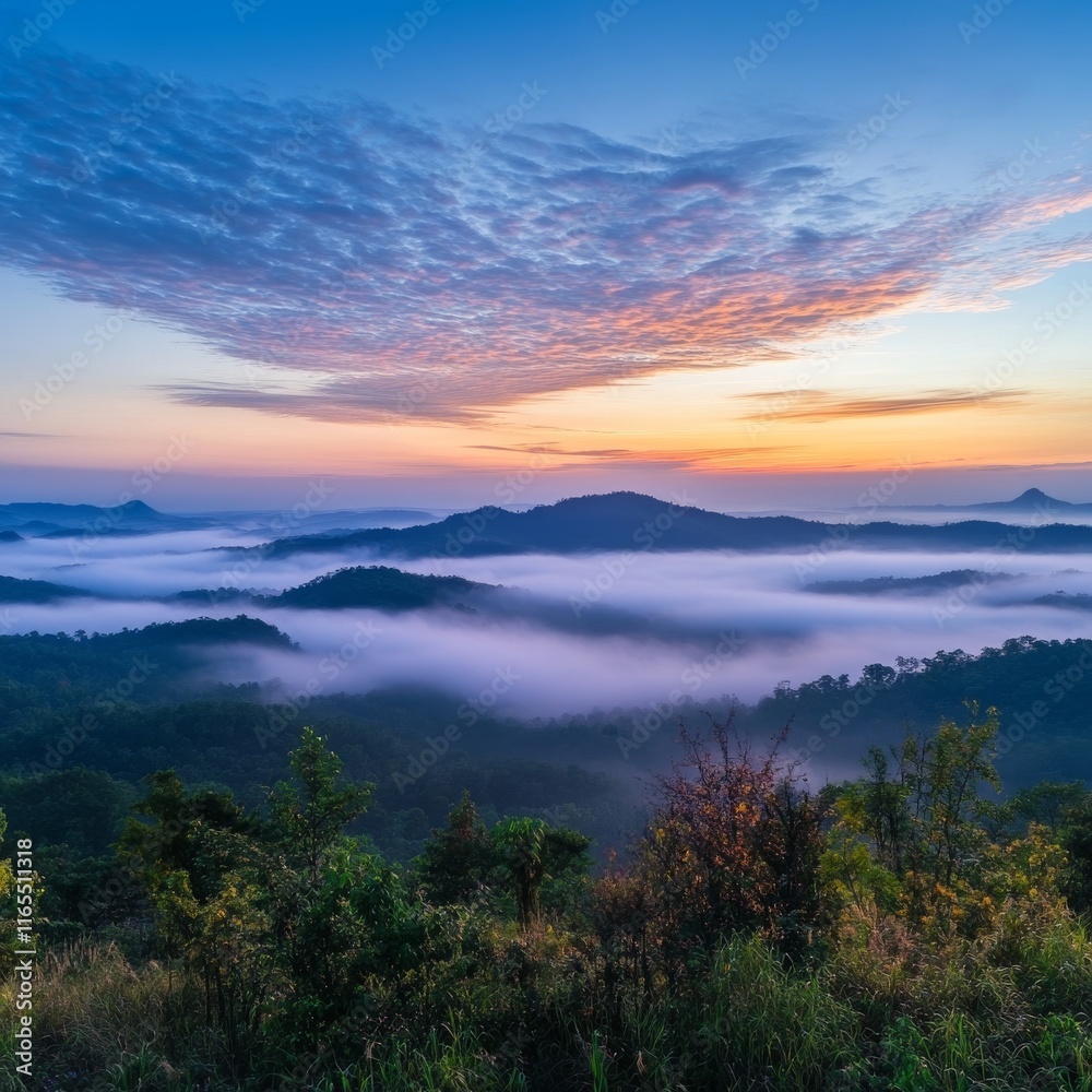 Obraz premium Beautiful Sunrise Sky with Sea of the mist or fog in the morning on Khao Luang mountain in Ramkhamhaeng National Park,Sukhothai province Thailand --v 6.1 Job ID: c0a7eb3a-3322-4762-ad8e-d747e803e87a