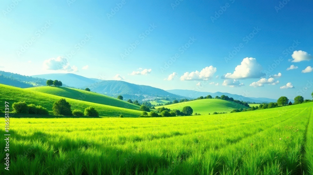 Serene Rolling Hills Under a Summer Sky, a Lush Green Meadow Stretches to the Horizon, Offering a Peaceful and Tranquil View Serene Rolling Hills Under a Summer Sky, a Lush Green Meadow Stretches to the Horizon, Offering a Peaceful and Tranquil View