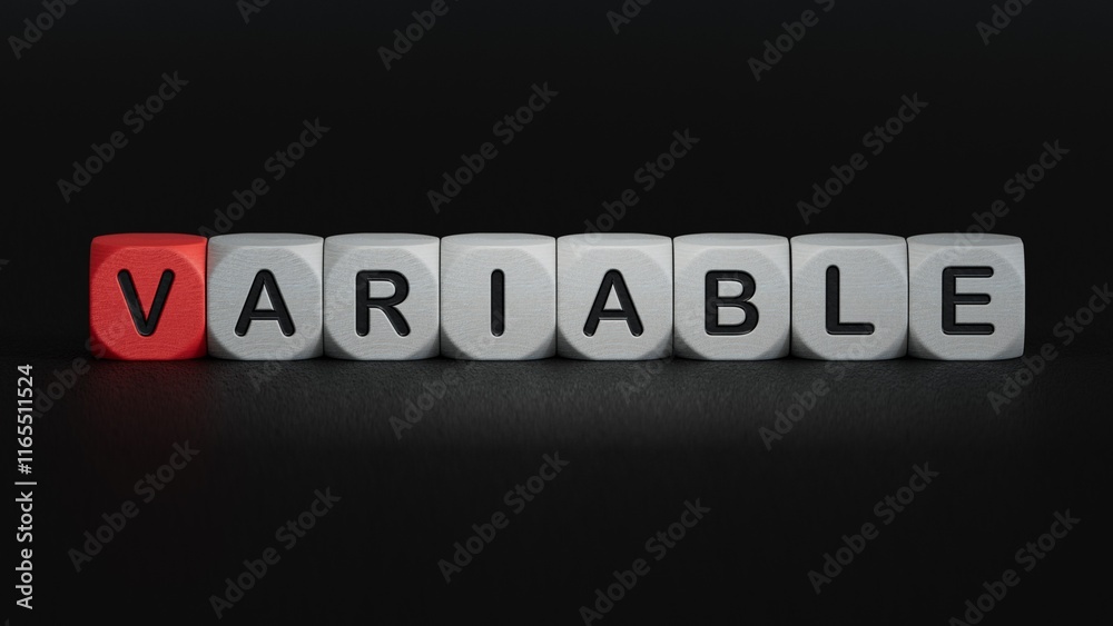 Obraz premium The word variable is written on wooden cubes.close up of wooden elements,Business Concept.3D rendering on black background.