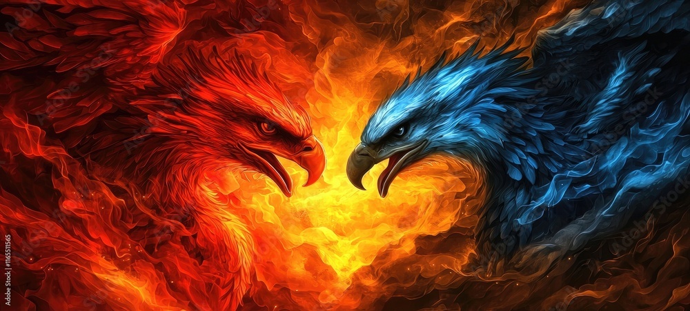 A fiery confrontation between two majestic eagles, one red and the other blue, symbolizing the clash of opposing forces. A fiery confrontation between two majestic eagles, one red and the other blue, symbolizing the clash of opposing forces.