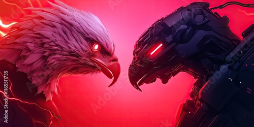 A dramatic confrontation between a fierce eagle and a robotic bird, set against a vibrant pink and red background, showcasing elements of nature and technology. photo