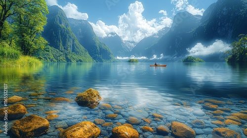 Kayaking Serenity: Mountain Lake Illustration photo