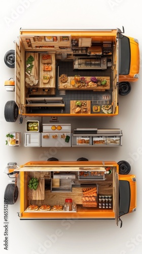 A Detailed Look Inside a Mobile Food Truck:  A Culinary Adventure on Wheels, showcasing a vibrant and well-organized interior, perfect for food service businesses. photo