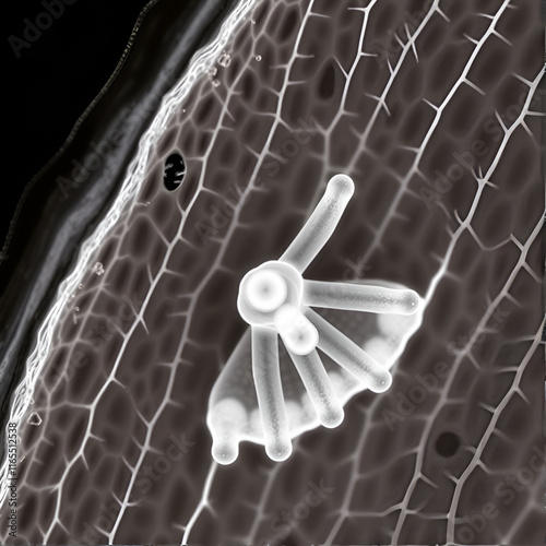 An overhead view of simple columnar epithelium with a single layer of long cells attached to the bat membrane. photo