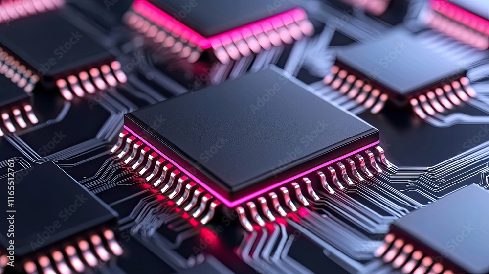 A close-up view of microchips on a circuit board, featuring sleek designs and vibrant pink lighting. A close-up view of microchips on a circuit board, featuring sleek designs and vibrant pink lighting.