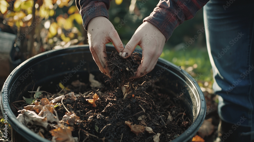 custom made wallpaper toronto digitalA person composting food scraps in a backyard compost bin, actively contributing to sustainable living. A simple, eco-friendly action promoting a greener environment and waste reduction.